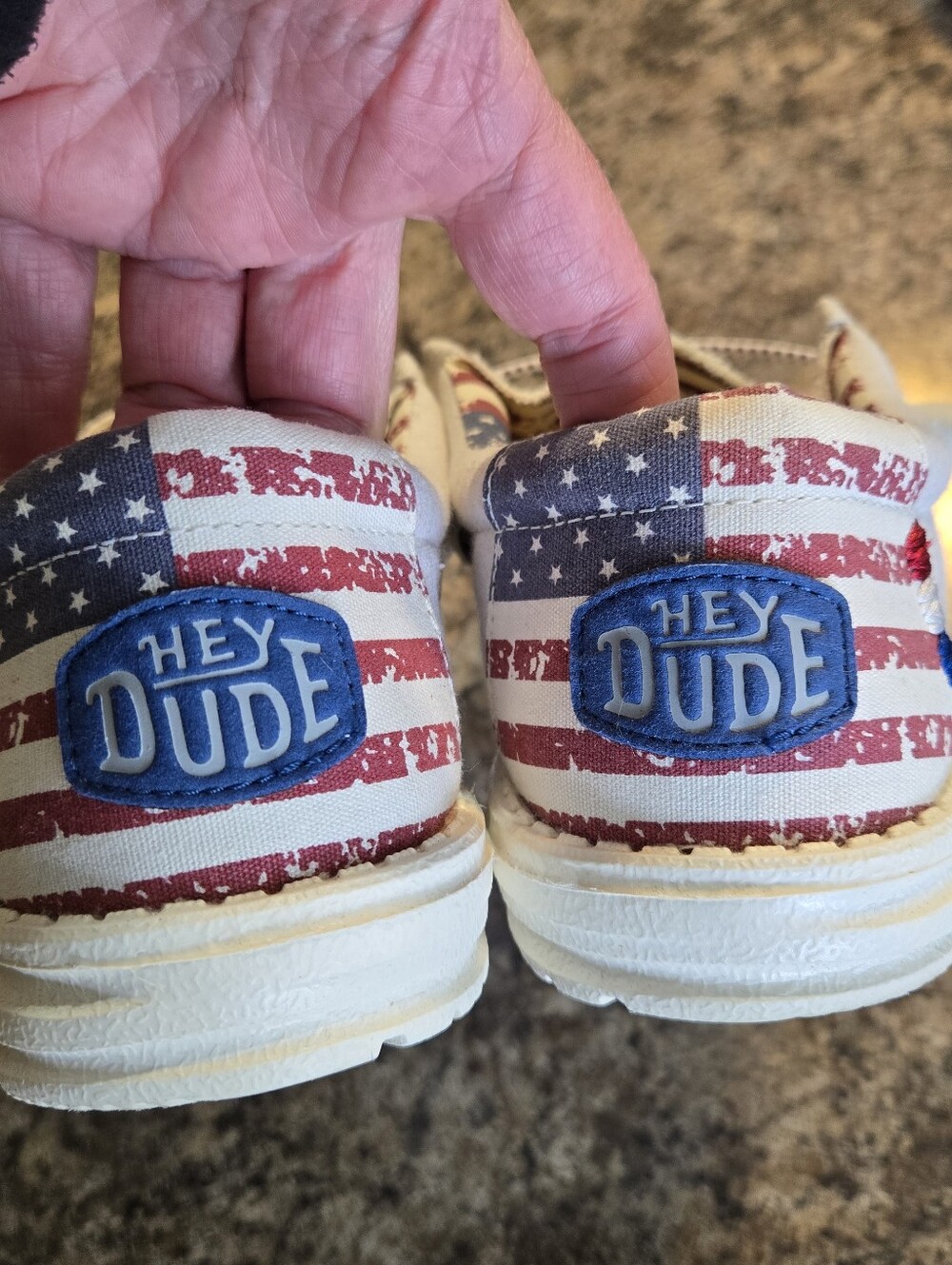 Hey Dude Mens/womens White Canvas Slip-Ons with Red & Blue Flag Accent - Picture 9 of 9